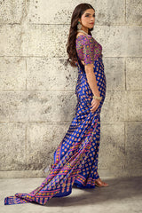 Captivating Royal Blue Ajrakh Printed Satin Silk Saree With Imbrication Blouse Piece