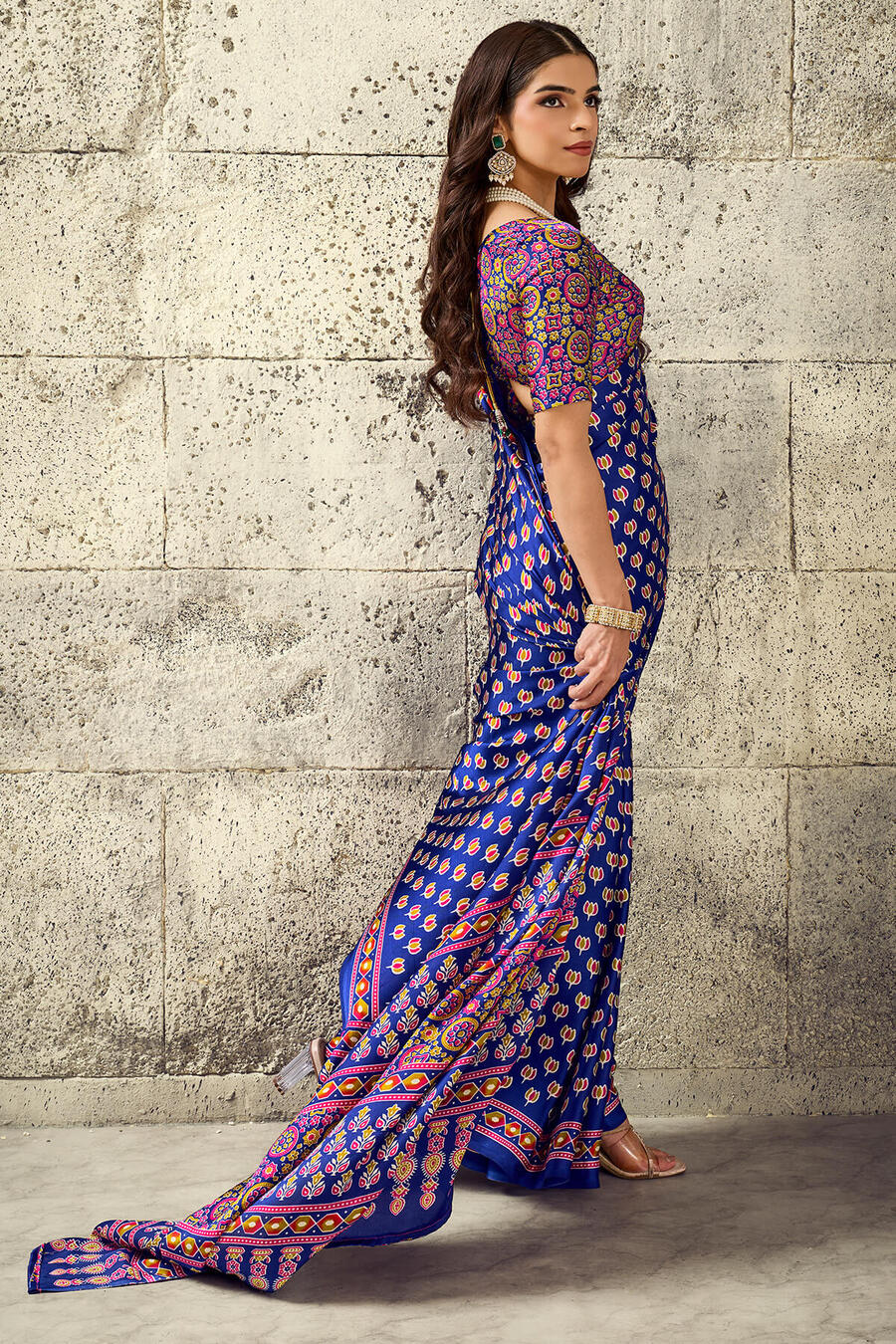 Captivating Royal Blue Ajrakh Printed Satin Silk Saree With Imbrication Blouse Piece