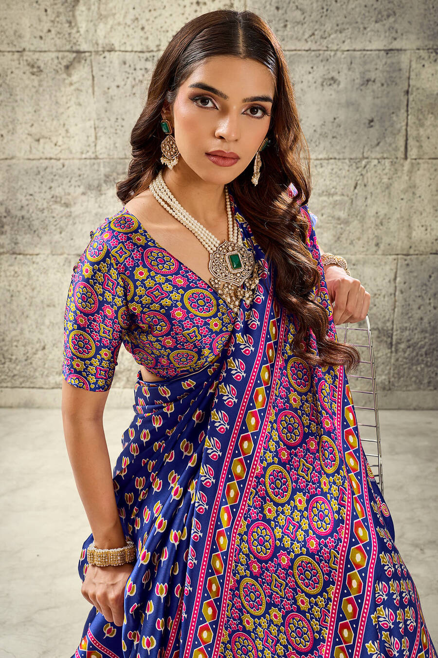 Captivating Royal Blue Ajrakh Printed Satin Silk Saree With Imbrication Blouse Piece