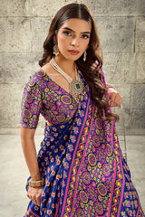 Captivating Royal Blue Ajrakh Printed Satin Silk Saree With Imbrication Blouse Piece