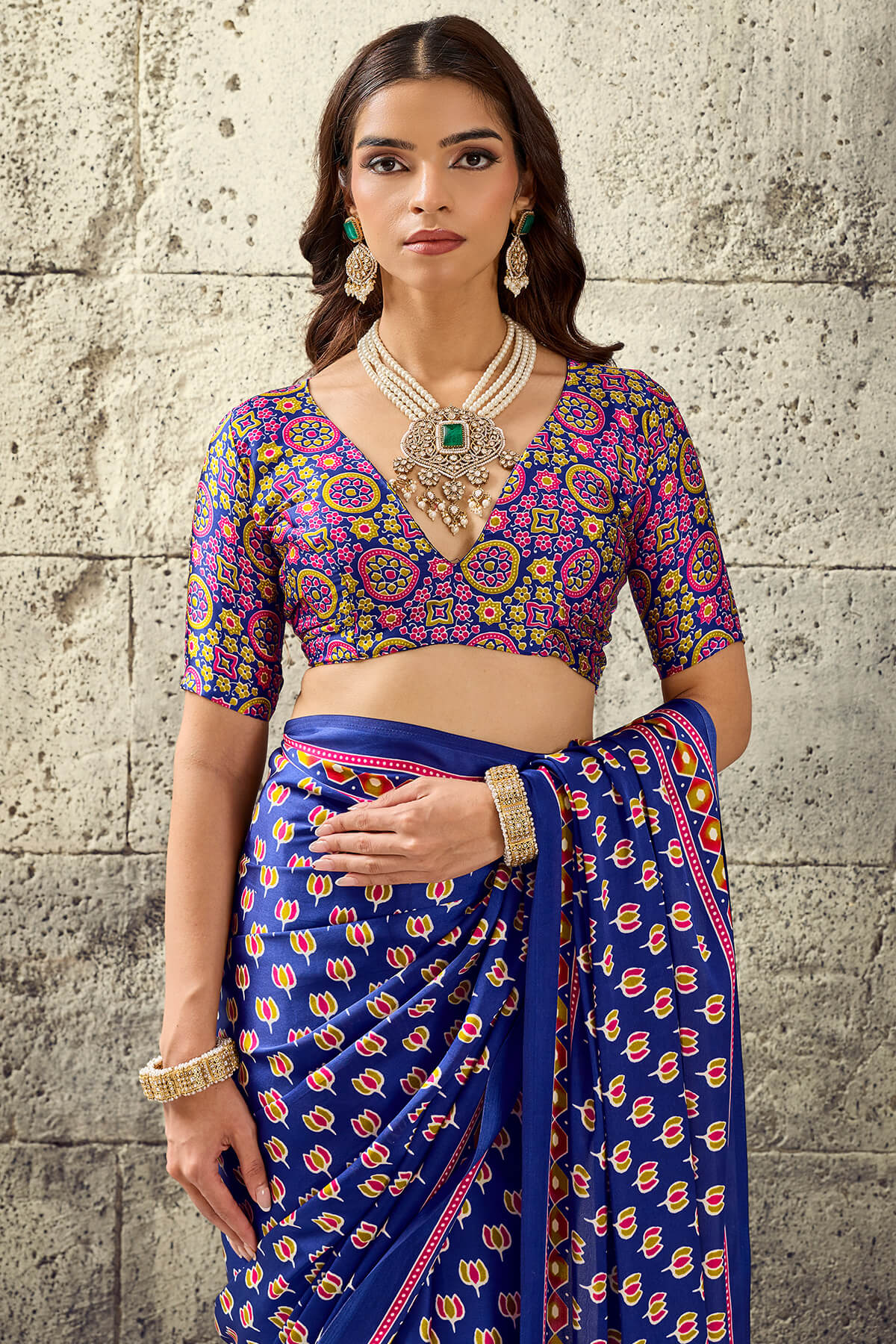 Captivating Royal Blue Ajrakh Printed Satin Silk Saree With Imbrication Blouse Piece