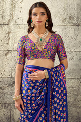 Captivating Royal Blue Ajrakh Printed Satin Silk Saree With Imbrication Blouse Piece