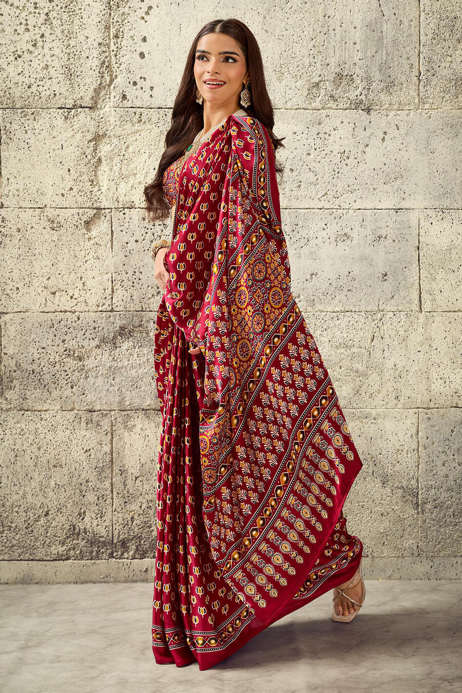 Mellifluous Maroon Ajrakh Printed Satin Silk Saree With Sumptuous Blouse Piece
