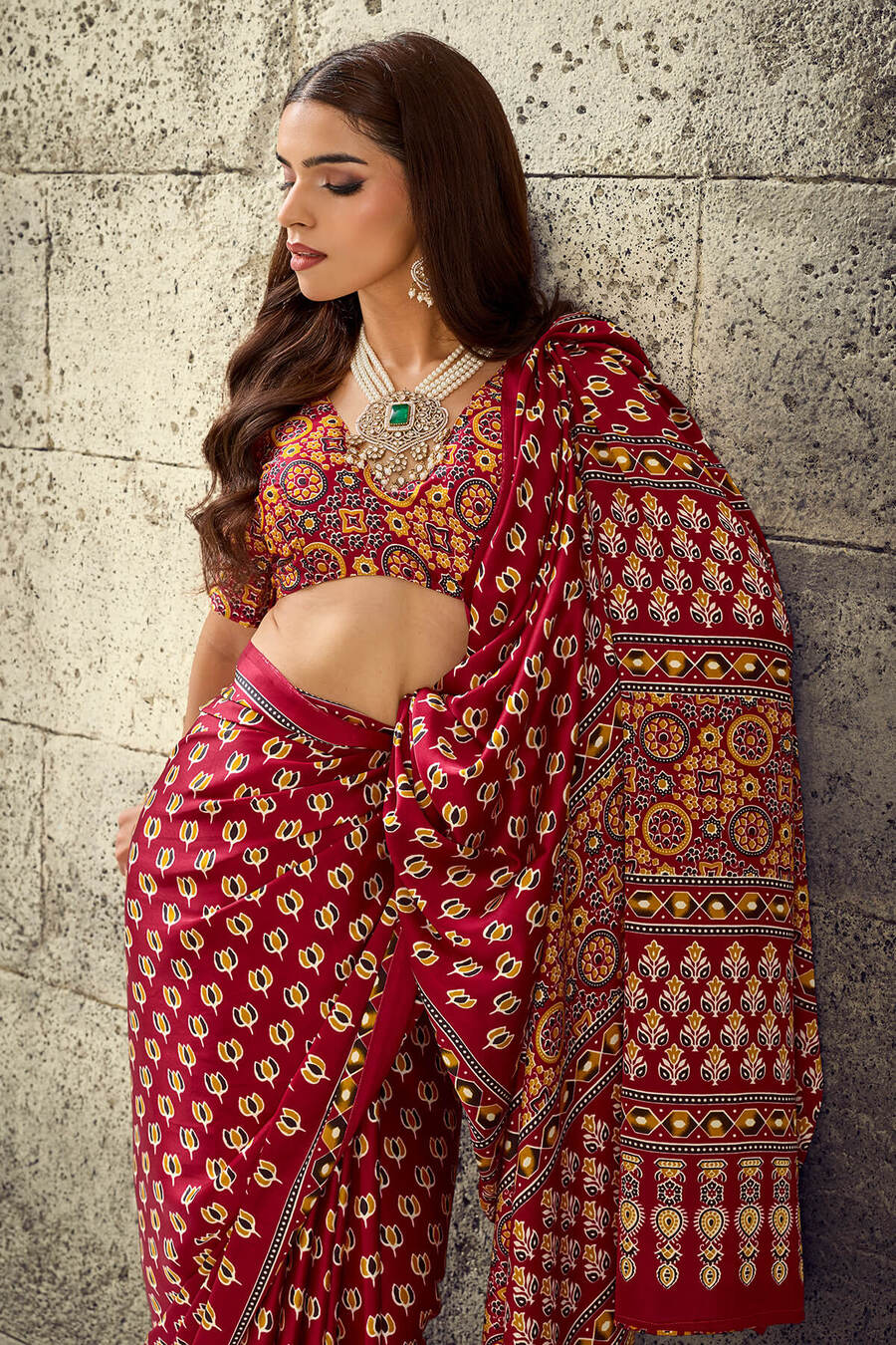 Mellifluous Maroon Ajrakh Printed Satin Silk Saree With Sumptuous Blouse Piece