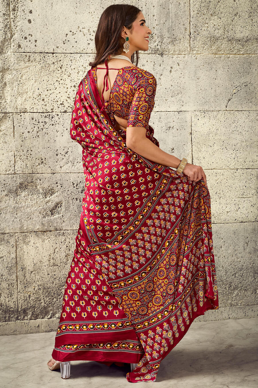 Mellifluous Maroon Ajrakh Printed Satin Silk Saree With Sumptuous Blouse Piece