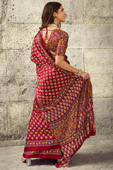 Mellifluous Maroon Ajrakh Printed Satin Silk Saree With Sumptuous Blouse Piece