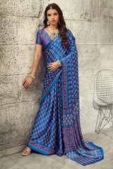 Radiant Blue Ajrakh Printed Satin Silk Saree With Exuberant Blouse Piece