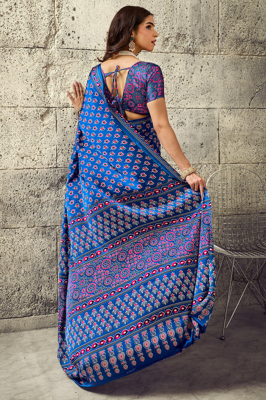 Radiant Blue Ajrakh Printed Satin Silk Saree With Exuberant Blouse Piece