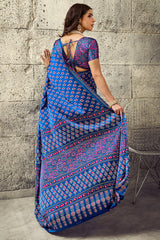 Radiant Blue Ajrakh Printed Satin Silk Saree With Exuberant Blouse Piece