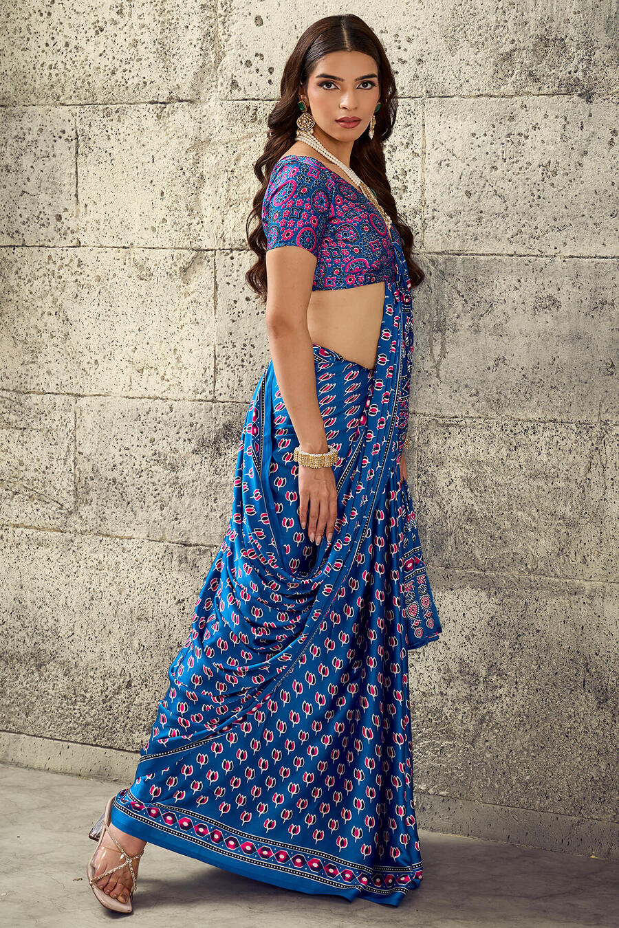 Radiant Blue Ajrakh Printed Satin Silk Saree With Exuberant Blouse Piece