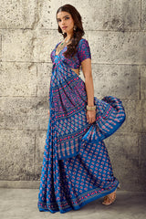 Radiant Blue Ajrakh Printed Satin Silk Saree With Exuberant Blouse Piece