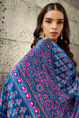 Radiant Blue Ajrakh Printed Satin Silk Saree With Exuberant Blouse Piece