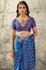 Radiant Blue Ajrakh Printed Satin Silk Saree With Exuberant Blouse Piece