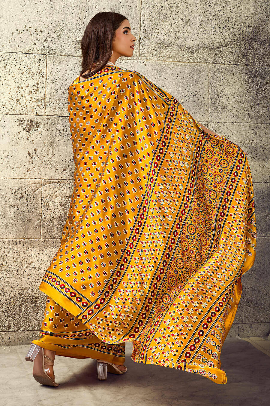 Gratifying Mustard Ajrakh Printed Satin Silk Saree With Enthralling Blouse Piece