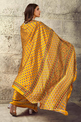 Gratifying Mustard Ajrakh Printed Satin Silk Saree With Enthralling Blouse Piece