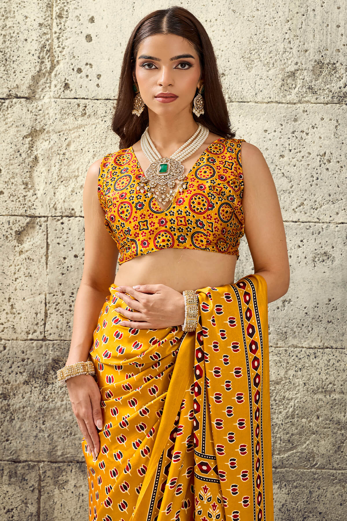 Gratifying Mustard Ajrakh Printed Satin Silk Saree With Enthralling Blouse Piece