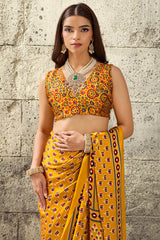 Gratifying Mustard Ajrakh Printed Satin Silk Saree With Enthralling Blouse Piece