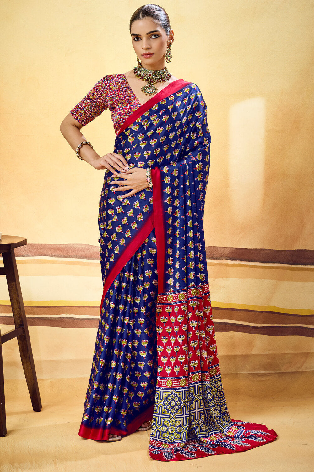 Dissemble Navy Blue Ajrakh Printed Satin Silk Saree With Traditional Blouse Piece