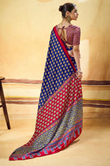 Dissemble Navy Blue Ajrakh Printed Satin Silk Saree With Traditional Blouse Piece