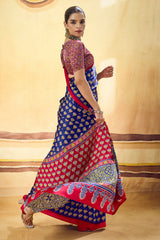 Dissemble Navy Blue Ajrakh Printed Satin Silk Saree With Traditional Blouse Piece