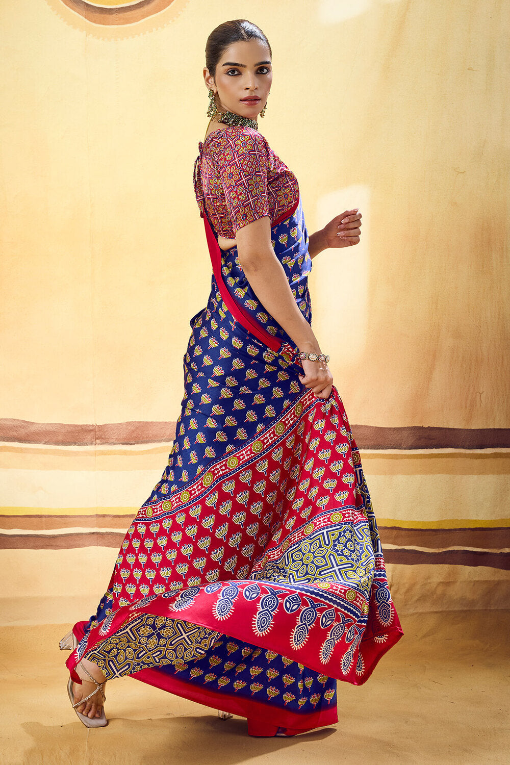 Dissemble Navy Blue Ajrakh Printed Satin Silk Saree With Traditional Blouse Piece