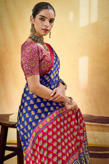 Dissemble Navy Blue Ajrakh Printed Satin Silk Saree With Traditional Blouse Piece