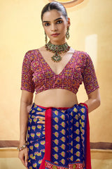 Dissemble Navy Blue Ajrakh Printed Satin Silk Saree With Traditional Blouse Piece