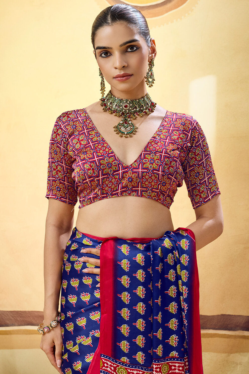Dissemble Navy Blue Ajrakh Printed Satin Silk Saree With Traditional Blouse Piece
