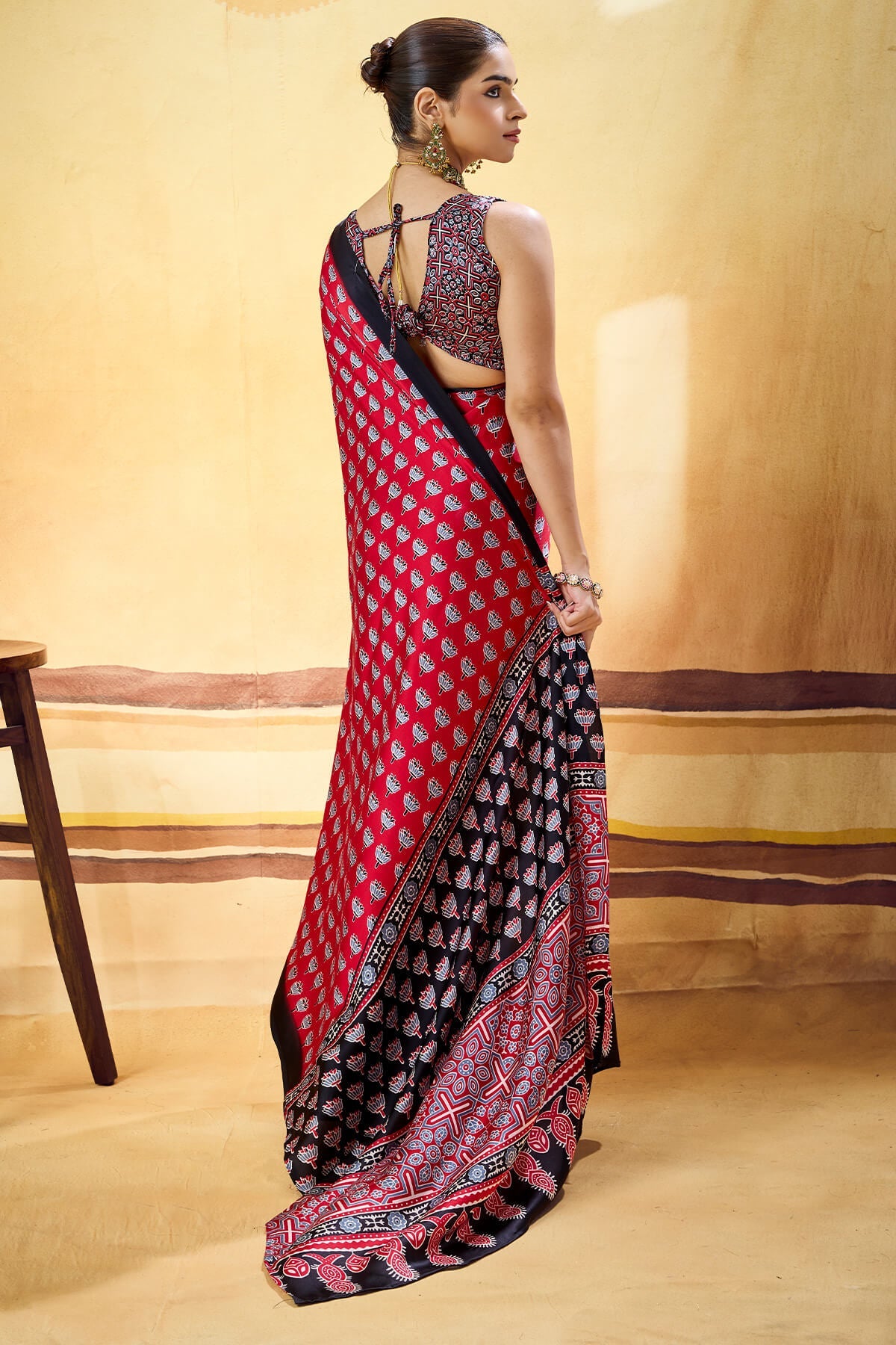 Murmurous Red Ajrakh Printed Satin Silk Saree With Sempiternal Blouse Piece