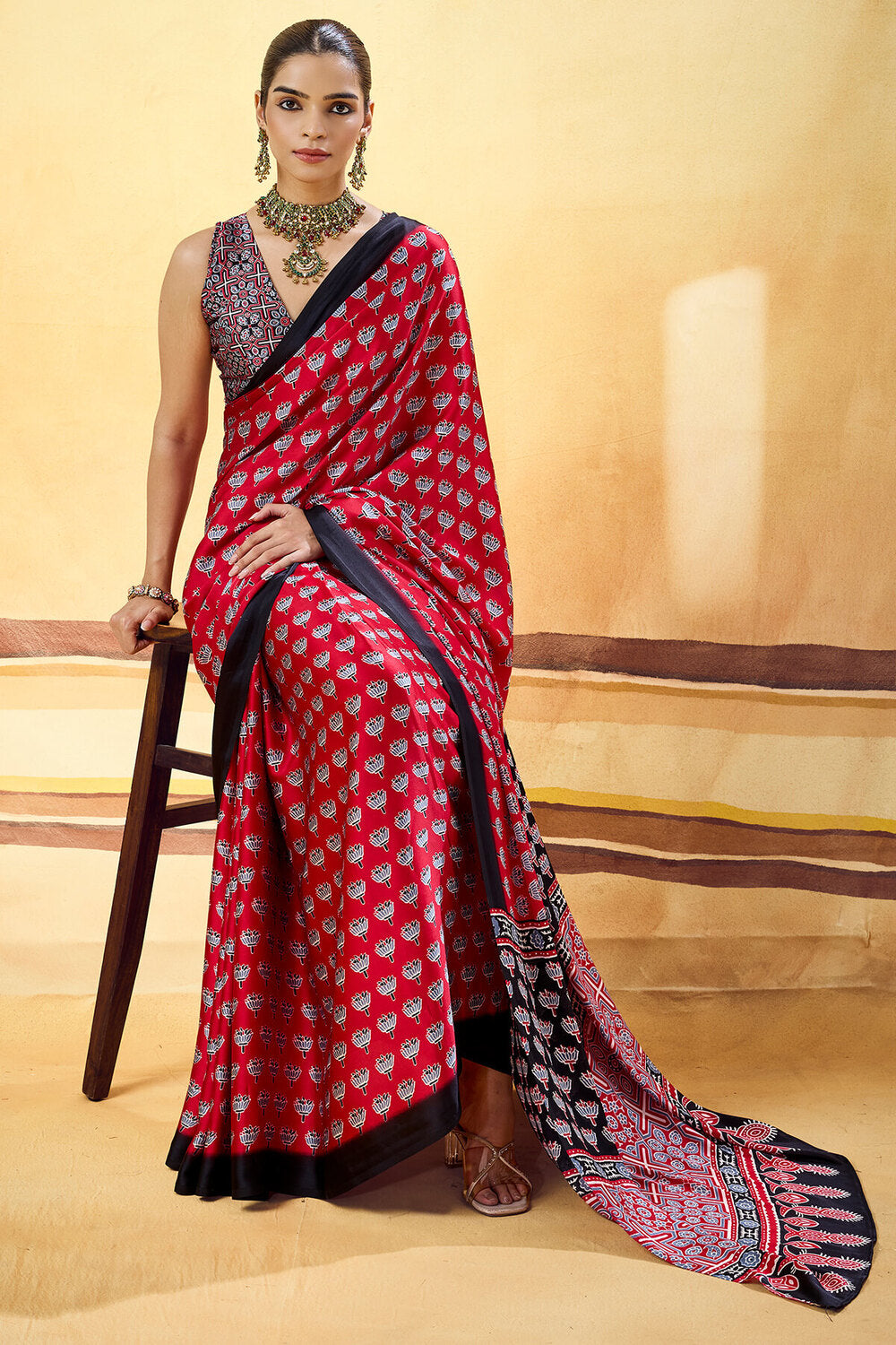 Murmurous Red Ajrakh Printed Satin Silk Saree With Sempiternal Blouse Piece