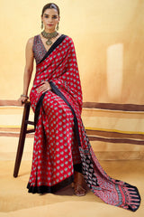 Murmurous Red Ajrakh Printed Satin Silk Saree With Sempiternal Blouse Piece