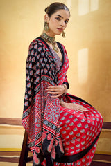 Murmurous Red Ajrakh Printed Satin Silk Saree With Sempiternal Blouse Piece