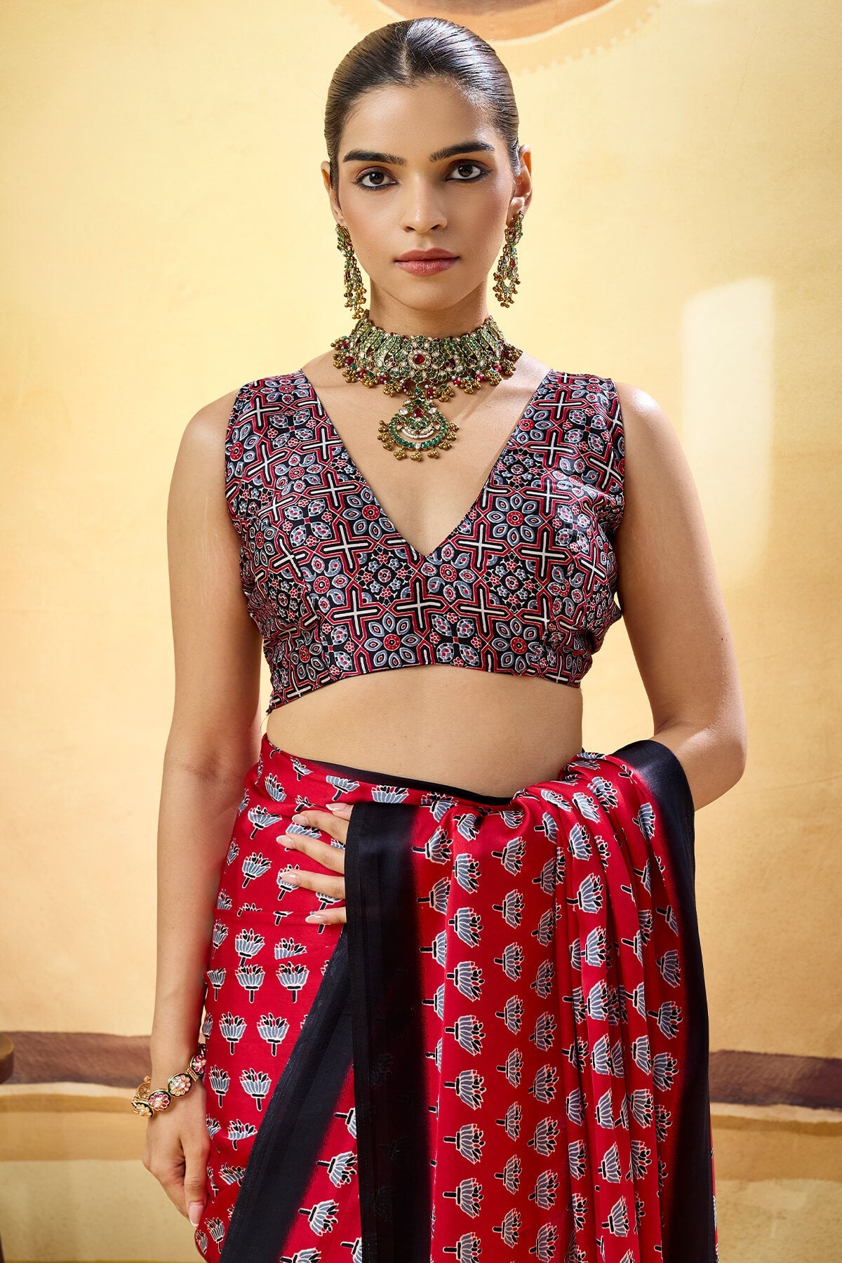 Murmurous Red Ajrakh Printed Satin Silk Saree With Sempiternal Blouse Piece