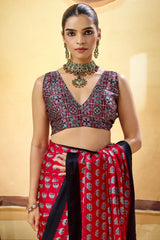 Murmurous Red Ajrakh Printed Satin Silk Saree With Sempiternal Blouse Piece
