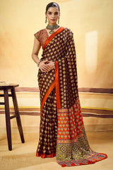 Majesty Brown Ajrakh Printed Satin Silk Saree With Extraordinary Blouse Piece