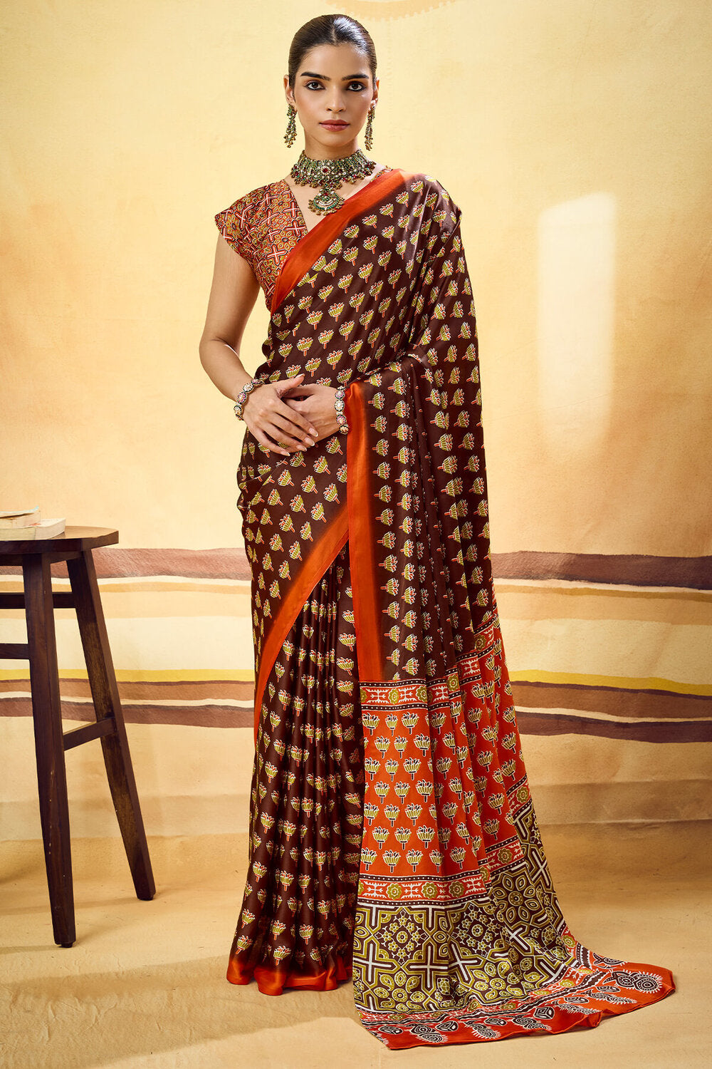 Majesty Brown Ajrakh Printed Satin Silk Saree With Extraordinary Blouse Piece