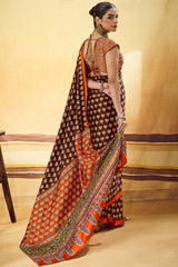 Majesty Brown Ajrakh Printed Satin Silk Saree With Extraordinary Blouse Piece