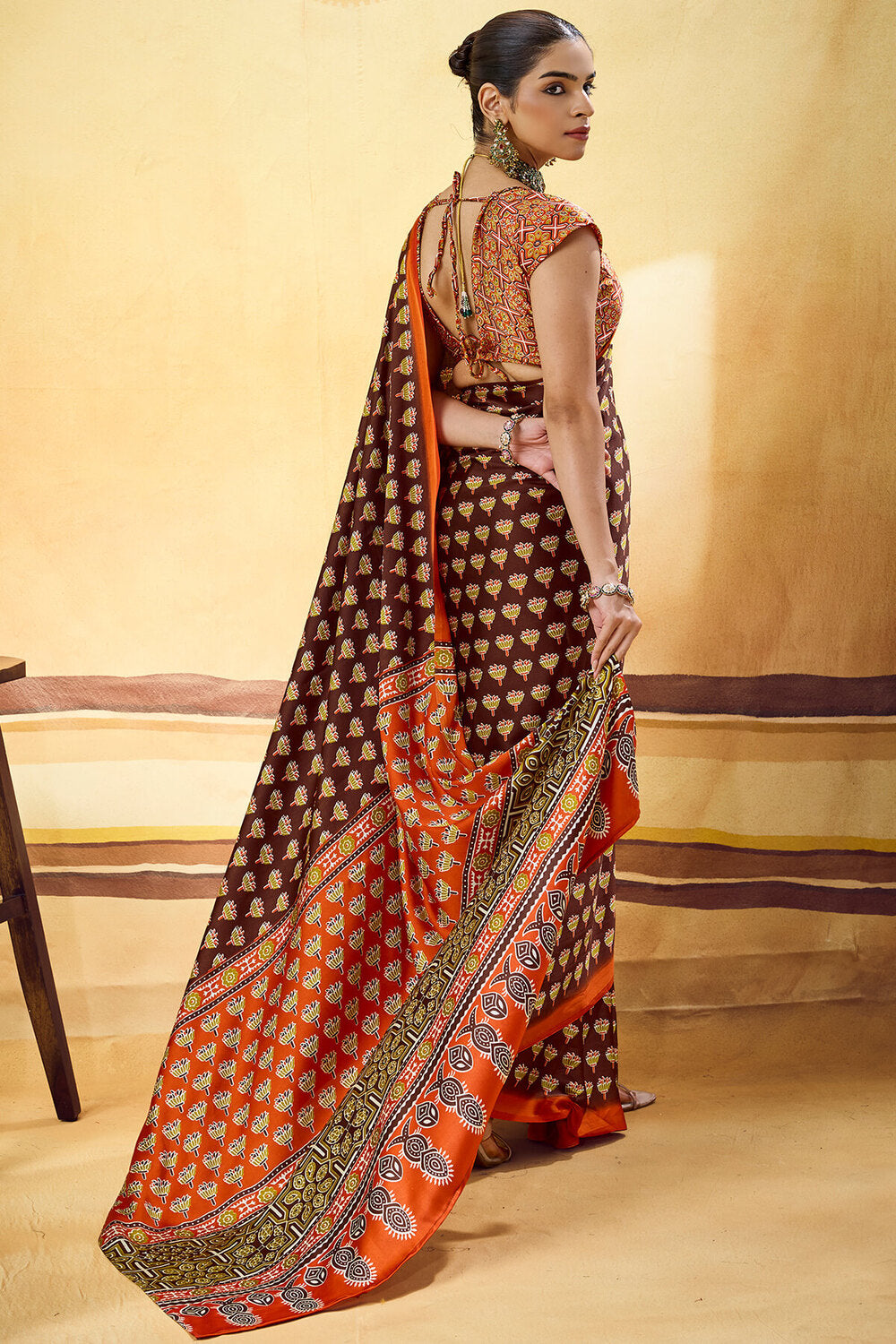 Majesty Brown Ajrakh Printed Satin Silk Saree With Extraordinary Blouse Piece