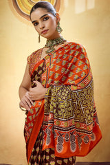Majesty Brown Ajrakh Printed Satin Silk Saree With Extraordinary Blouse Piece