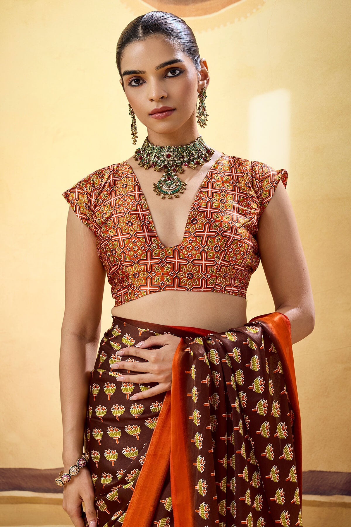 Majesty Brown Ajrakh Printed Satin Silk Saree With Extraordinary Blouse Piece