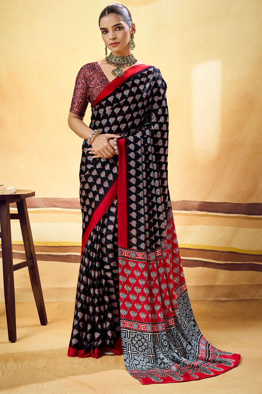 Phenomenal Black Ajrakh Printed Satin Silk Saree With Eloquence Blouse Piece