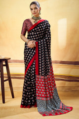 Phenomenal Black Ajrakh Printed Satin Silk Saree With Eloquence Blouse Piece