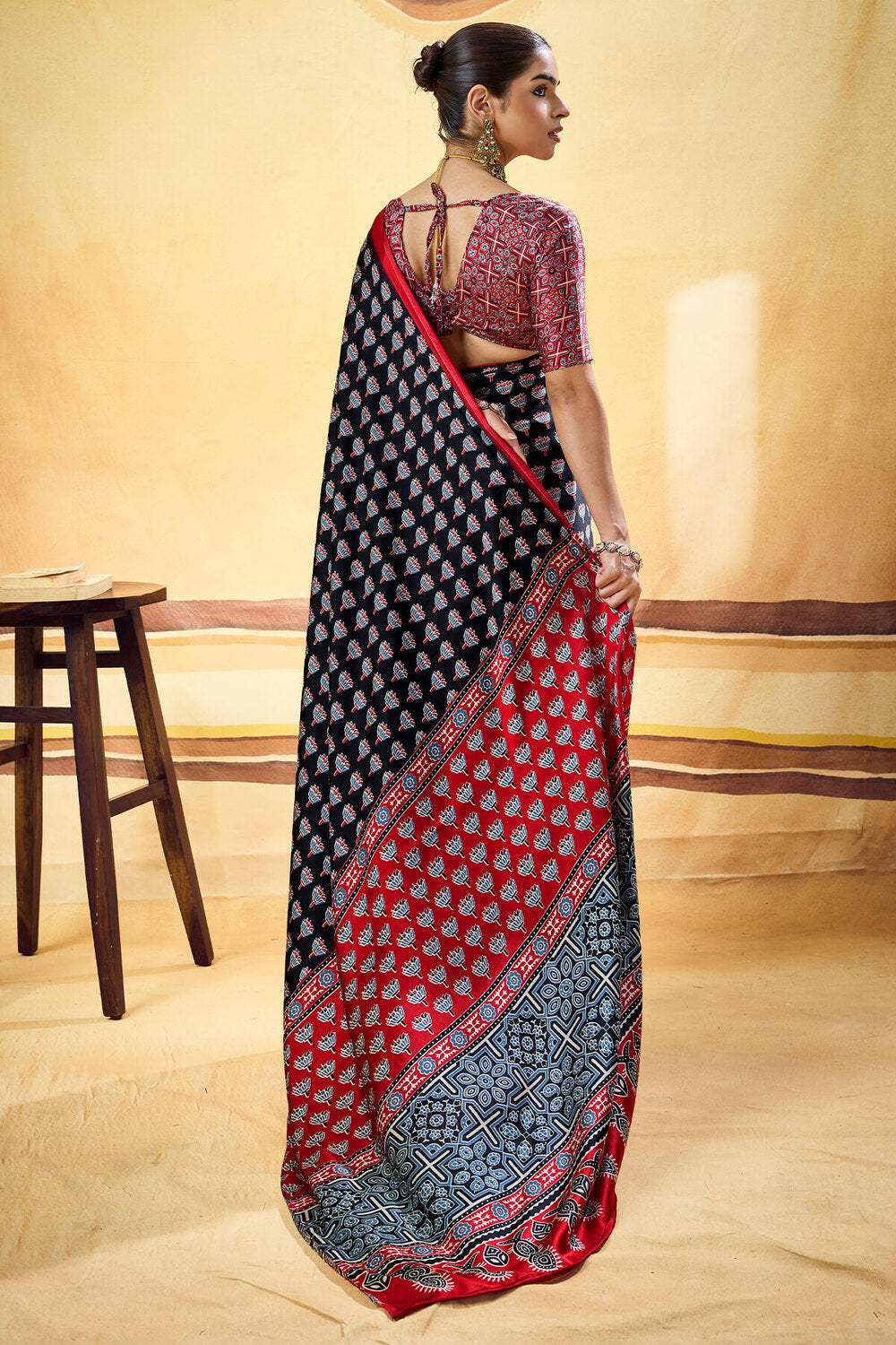 Phenomenal Black Ajrakh Printed Satin Silk Saree With Eloquence Blouse Piece