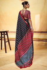 Phenomenal Black Ajrakh Printed Satin Silk Saree With Eloquence Blouse Piece