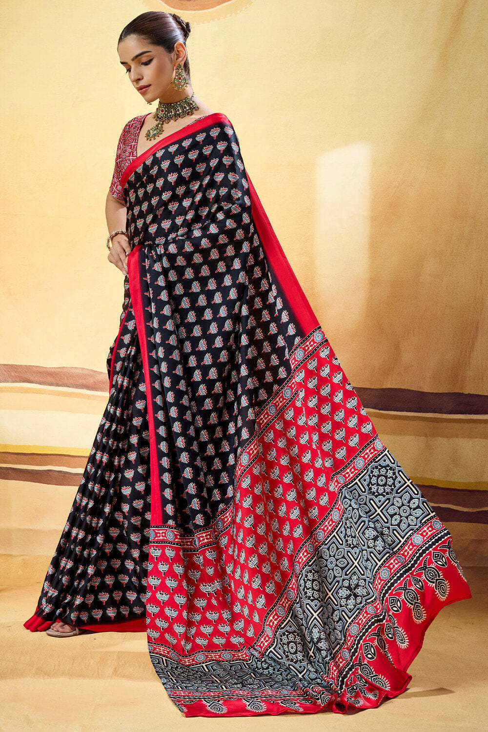 Phenomenal Black Ajrakh Printed Satin Silk Saree With Eloquence Blouse Piece