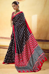 Phenomenal Black Ajrakh Printed Satin Silk Saree With Eloquence Blouse Piece