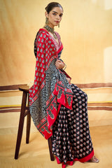 Phenomenal Black Ajrakh Printed Satin Silk Saree With Eloquence Blouse Piece