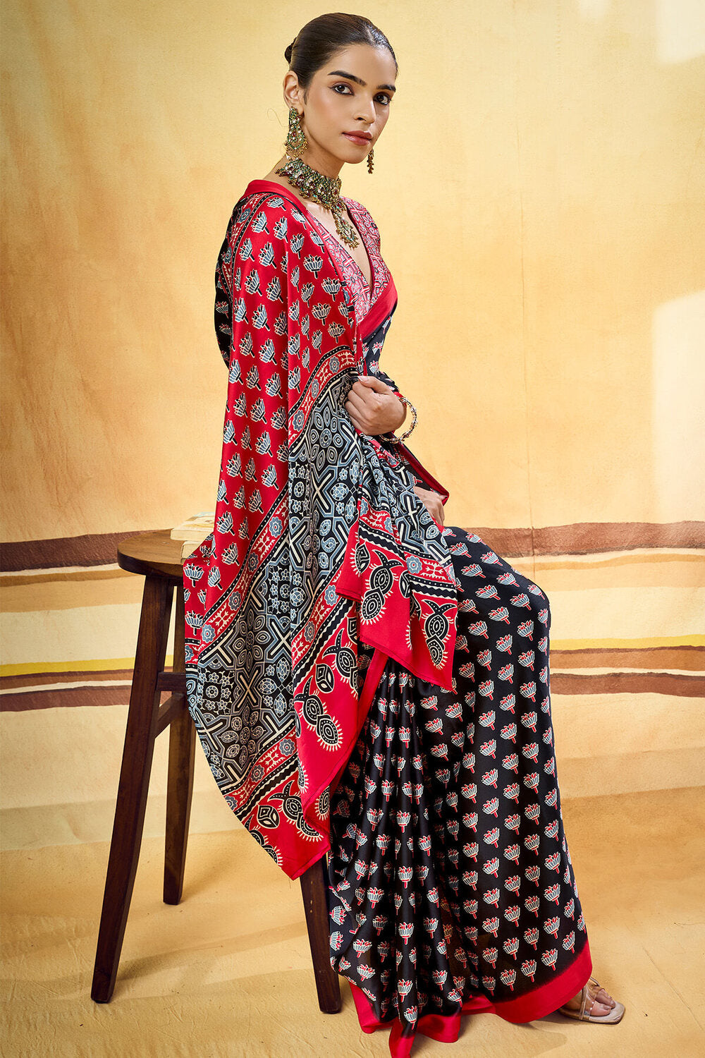 Phenomenal Black Ajrakh Printed Satin Silk Saree With Eloquence Blouse Piece