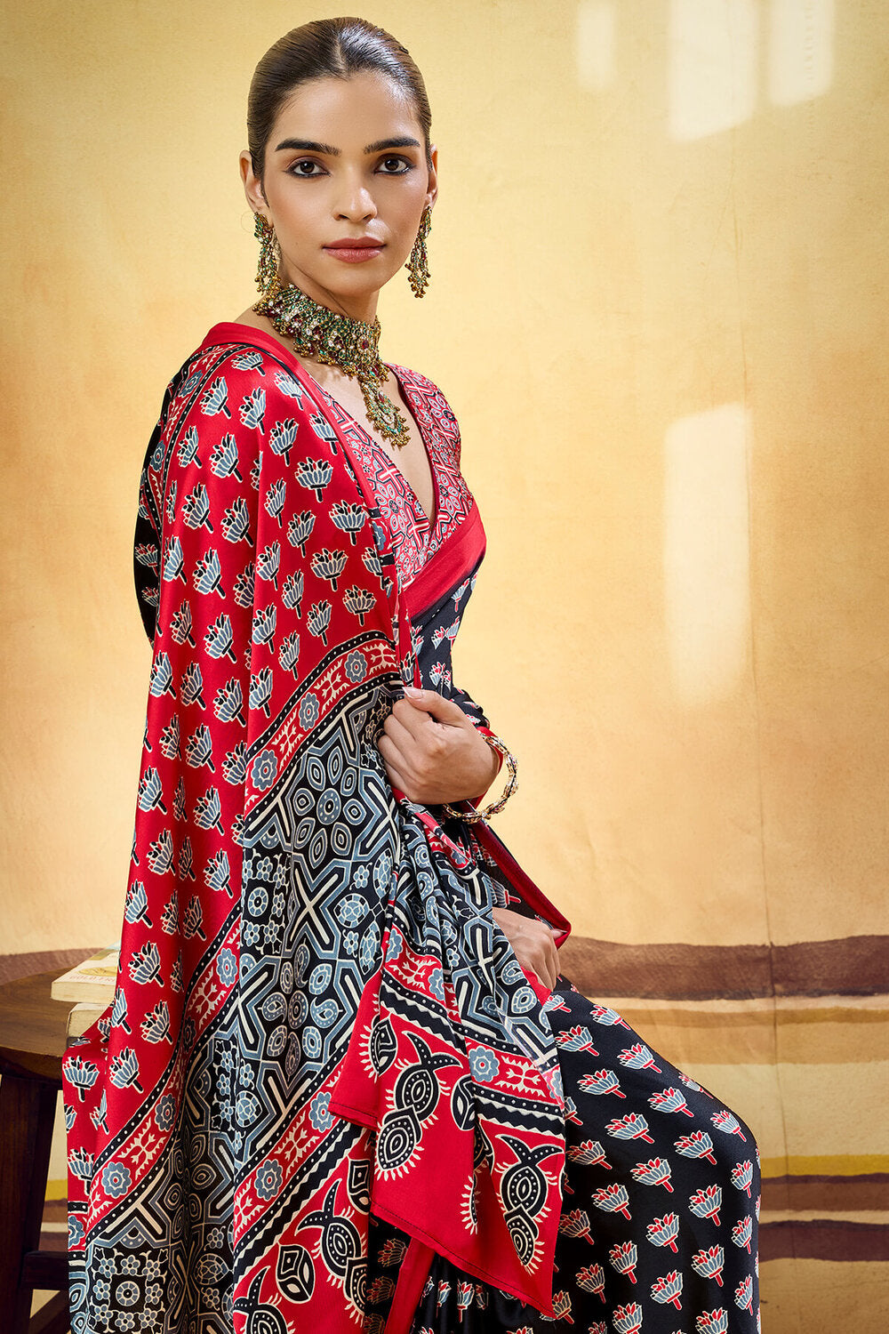 Phenomenal Black Ajrakh Printed Satin Silk Saree With Eloquence Blouse Piece