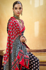 Phenomenal Black Ajrakh Printed Satin Silk Saree With Eloquence Blouse Piece